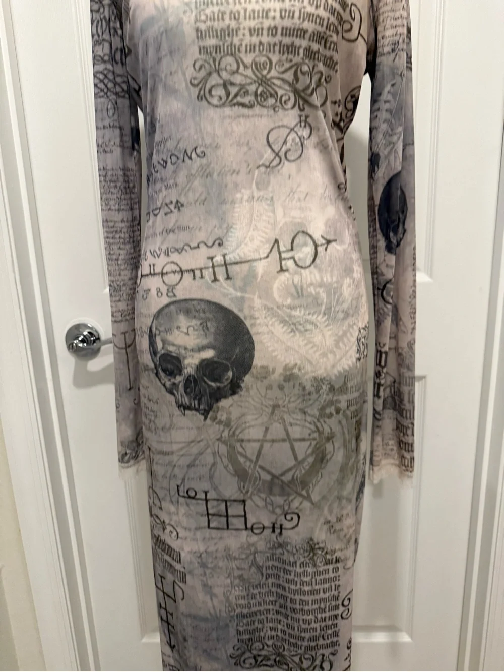 Gray Script & Skull Long Sleeve Sheer Maxi Dress - Picture 3 of 11